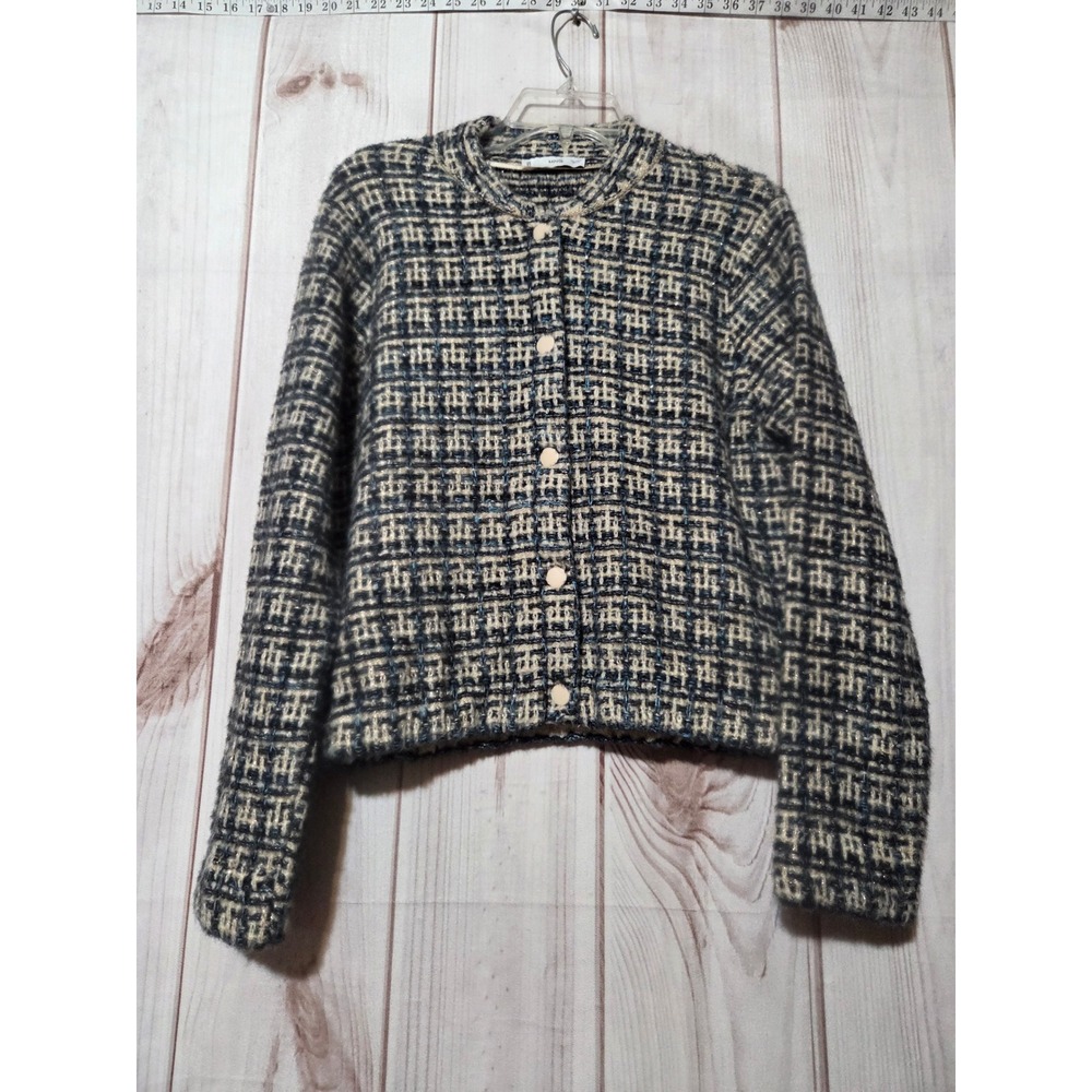 Mango‎ MNG Womens Small Blue Cream Tweed Metallic Fuzzy Snap Front Jacket
